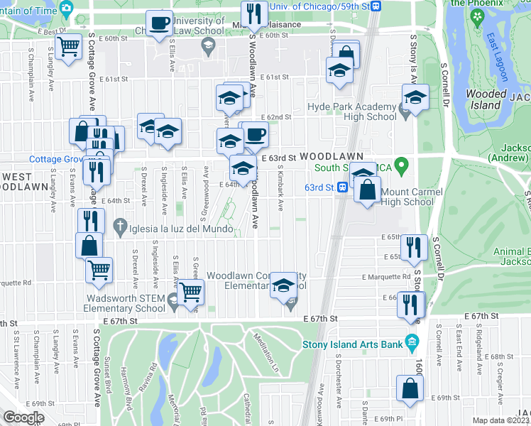 map of restaurants, bars, coffee shops, grocery stores, and more near 6423 South Woodlawn Avenue in Chicago