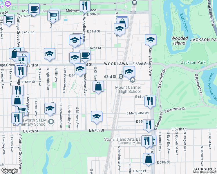 map of restaurants, bars, coffee shops, grocery stores, and more near 6423 South Kenwood Avenue in Chicago