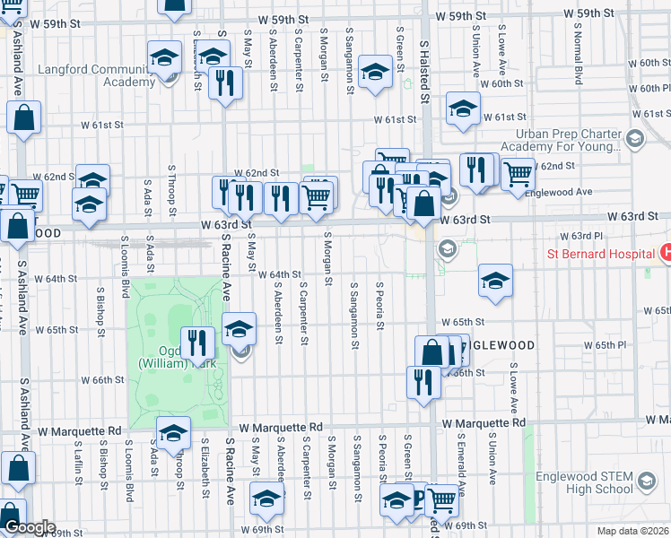 map of restaurants, bars, coffee shops, grocery stores, and more near 6359 South Morgan Street in Chicago