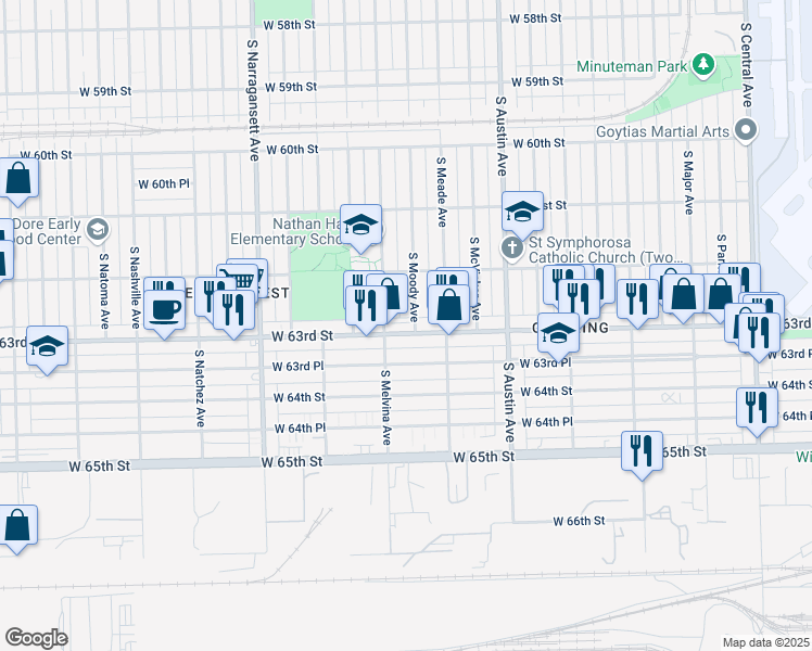 map of restaurants, bars, coffee shops, grocery stores, and more near 6136 West 63rd Street in Chicago