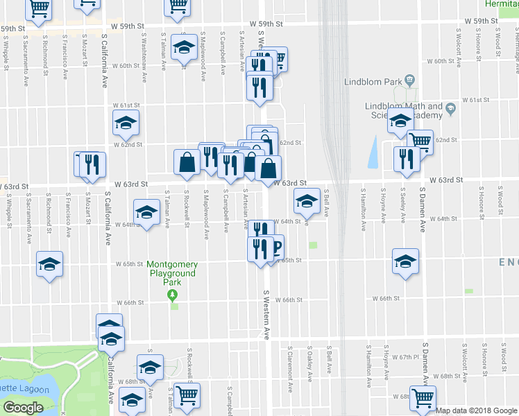 map of restaurants, bars, coffee shops, grocery stores, and more near 6340 South Western Avenue in Chicago