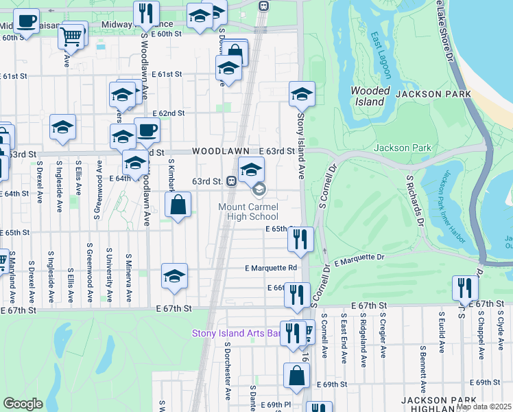 map of restaurants, bars, coffee shops, grocery stores, and more near 6410 South Dante Avenue in Chicago
