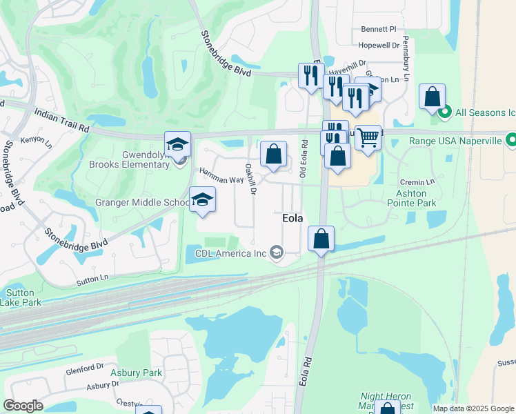 map of restaurants, bars, coffee shops, grocery stores, and more near 1101 Oakhill Drive in Aurora