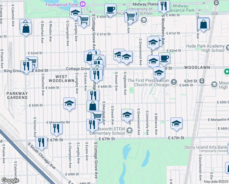map of restaurants, bars, coffee shops, grocery stores, and more near 6418 South Drexel Avenue in Chicago