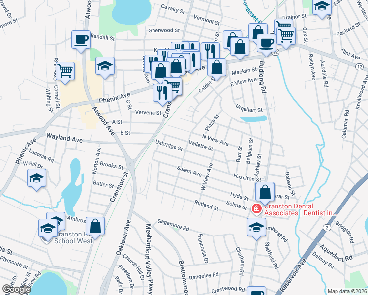 map of restaurants, bars, coffee shops, grocery stores, and more near 103 Uxbridge Street in Cranston