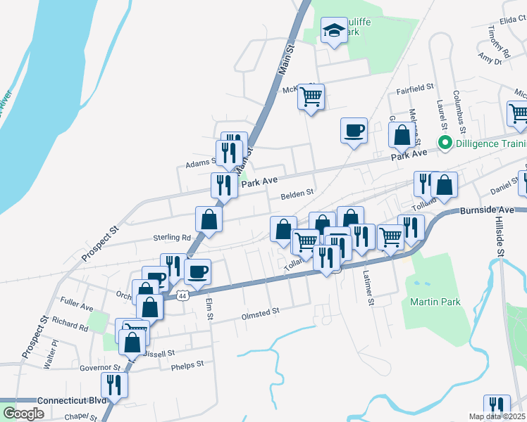 map of restaurants, bars, coffee shops, grocery stores, and more near 66 Woodbridge Avenue in East Hartford