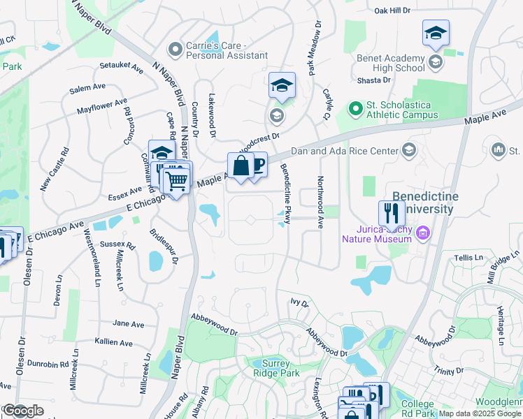 map of restaurants, bars, coffee shops, grocery stores, and more near 2800 Windsor Drive in Lisle