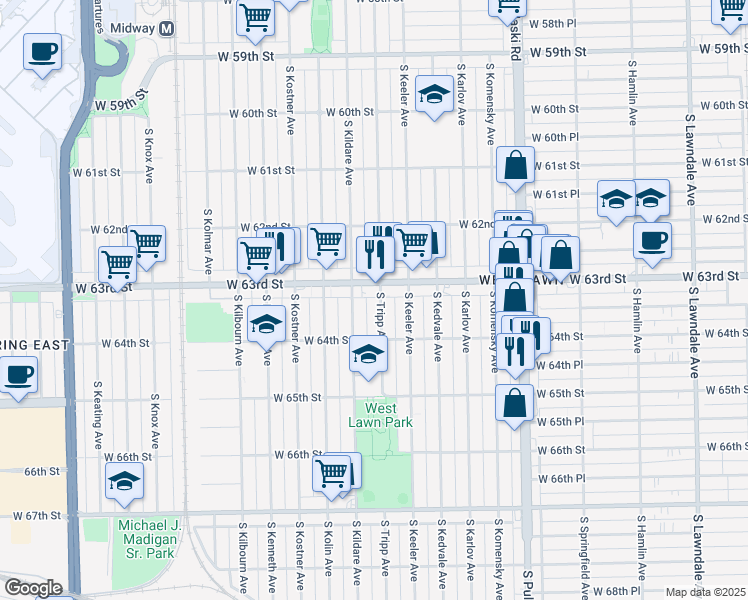 map of restaurants, bars, coffee shops, grocery stores, and more near 6314 South Tripp Avenue in Chicago