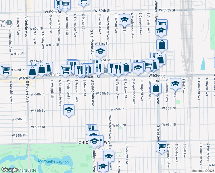 map of restaurants, bars, coffee shops, grocery stores, and more near 6334 South Washtenaw Avenue in Chicago