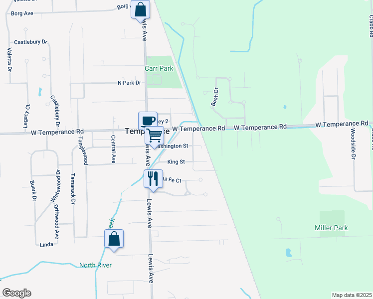 map of restaurants, bars, coffee shops, grocery stores, and more near 639 Washington Street in Temperance