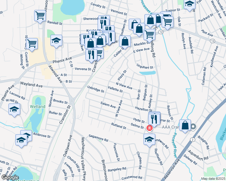 map of restaurants, bars, coffee shops, grocery stores, and more near 99 Vallette Street in Cranston