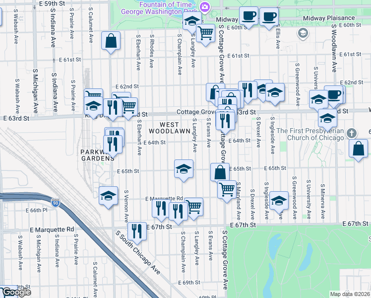 map of restaurants, bars, coffee shops, grocery stores, and more near 6417 South Champlain Avenue in Chicago