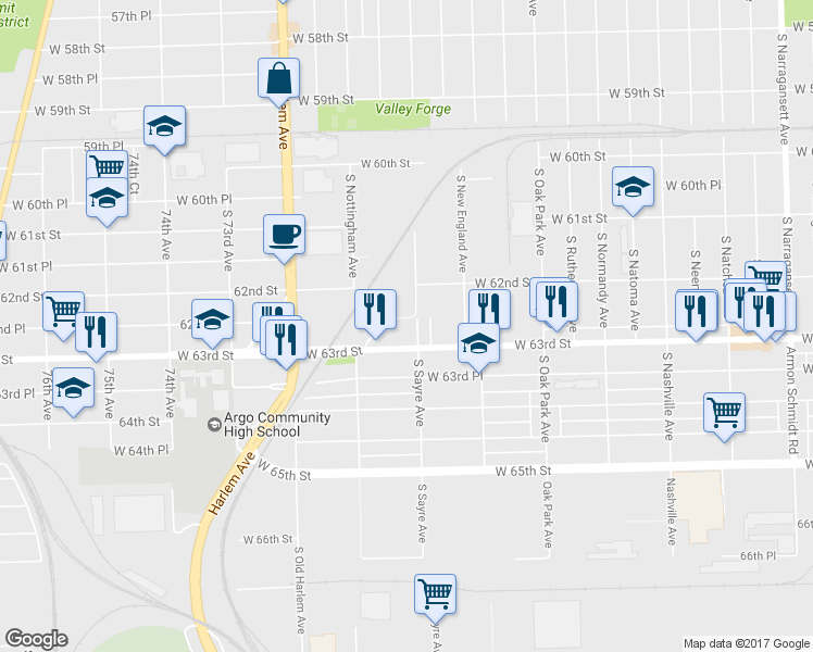 map of restaurants, bars, coffee shops, grocery stores, and more near 7007 West 62nd Street in Chicago