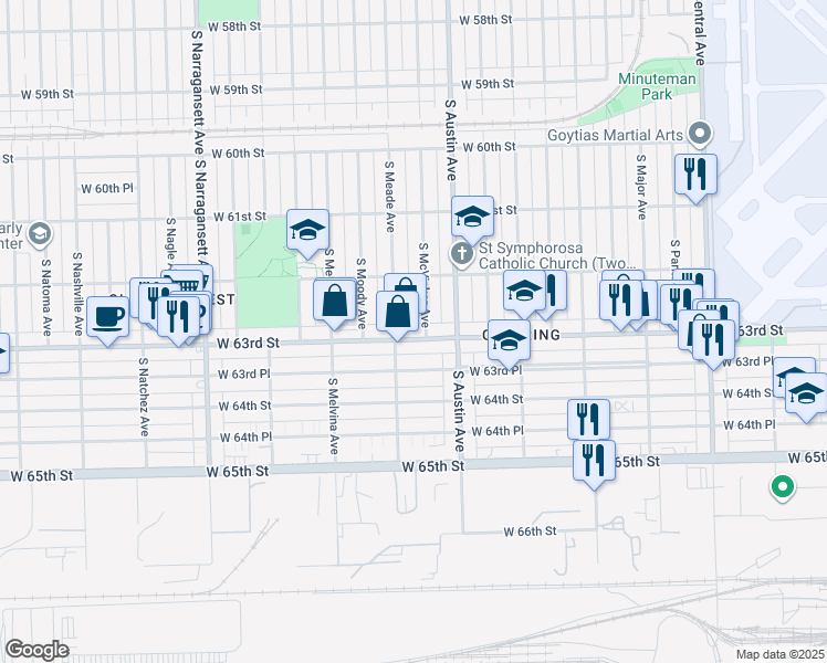 map of restaurants, bars, coffee shops, grocery stores, and more near 6024 West 63rd Street in Chicago