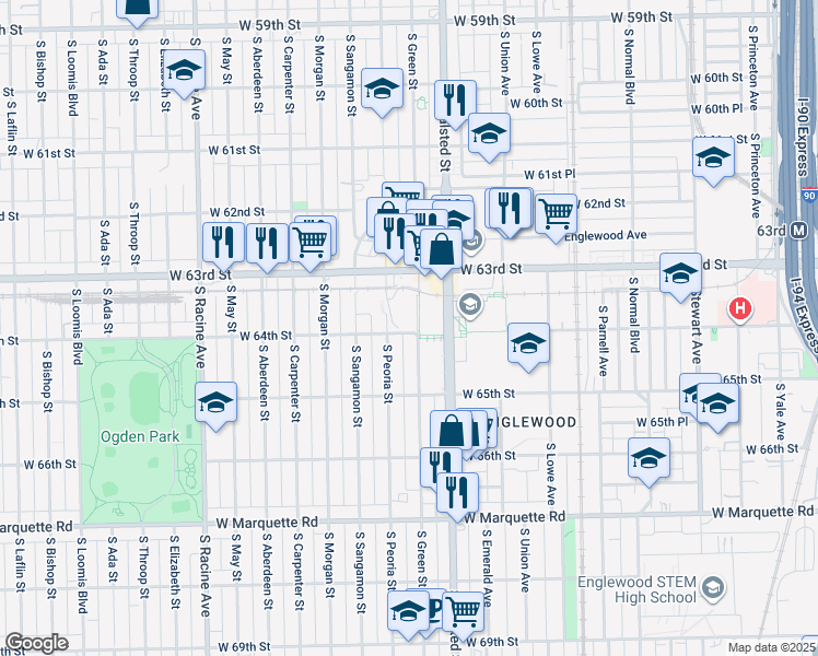 map of restaurants, bars, coffee shops, grocery stores, and more near 6357 South Peoria Street in Chicago