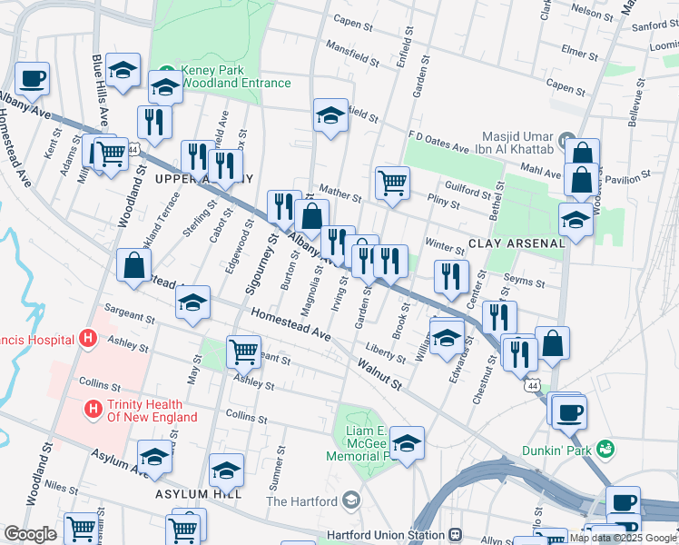 map of restaurants, bars, coffee shops, grocery stores, and more near 605 Albany Avenue in Hartford