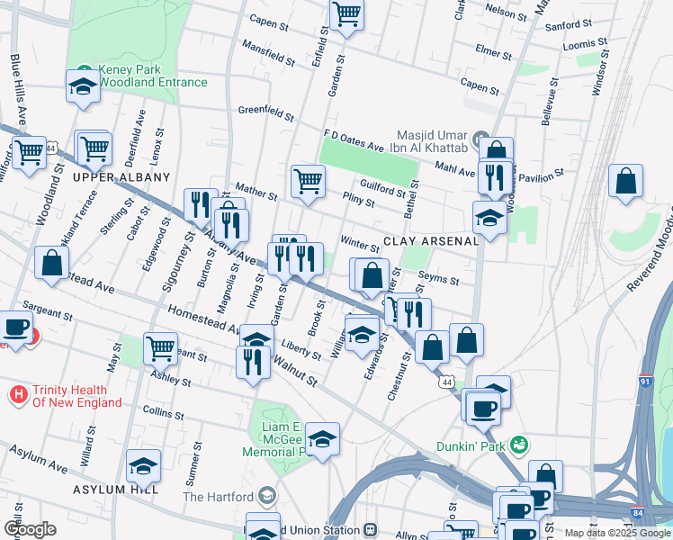 map of restaurants, bars, coffee shops, grocery stores, and more near 88 Brook Street in Hartford