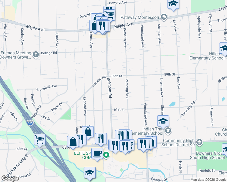 map of restaurants, bars, coffee shops, grocery stores, and more near 5939 Belmont Road in Downers Grove