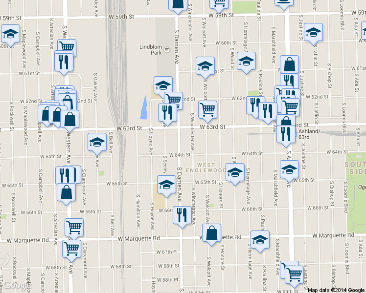 map of restaurants, bars, coffee shops, grocery stores, and more near 6339 South Damen Avenue in Chicago