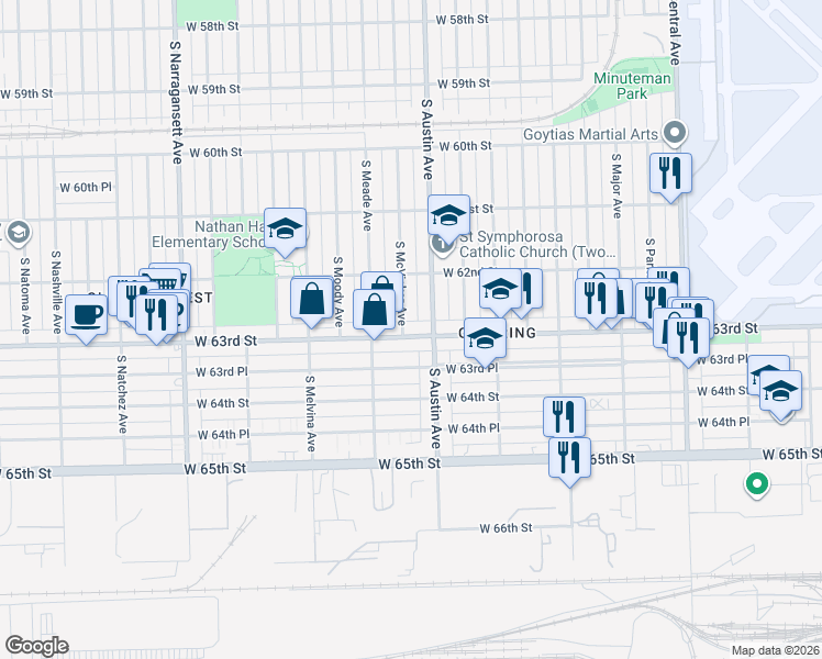 map of restaurants, bars, coffee shops, grocery stores, and more near 6016 West 63rd Street in Chicago