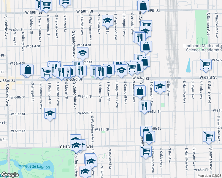 map of restaurants, bars, coffee shops, grocery stores, and more near 6338 South Rockwell Street in Chicago