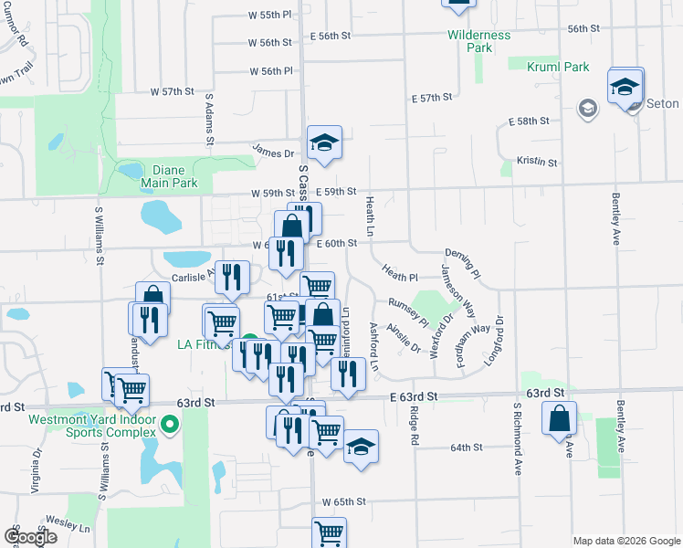 map of restaurants, bars, coffee shops, grocery stores, and more near 920 Ashford Lane in Westmont