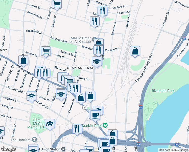map of restaurants, bars, coffee shops, grocery stores, and more near Main Street in Hartford