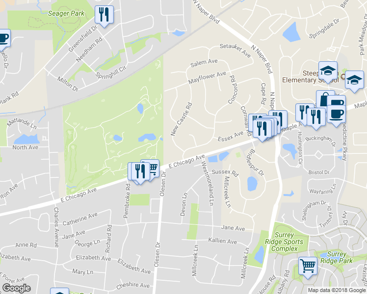 map of restaurants, bars, coffee shops, grocery stores, and more near 25W324 Concord Road in Naperville