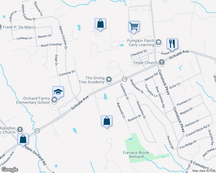 map of restaurants, bars, coffee shops, grocery stores, and more near Scituate Avenue in Cranston