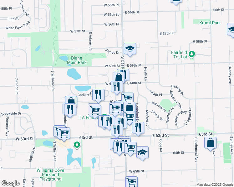 map of restaurants, bars, coffee shops, grocery stores, and more near 6022 South Cass Avenue in Westmont