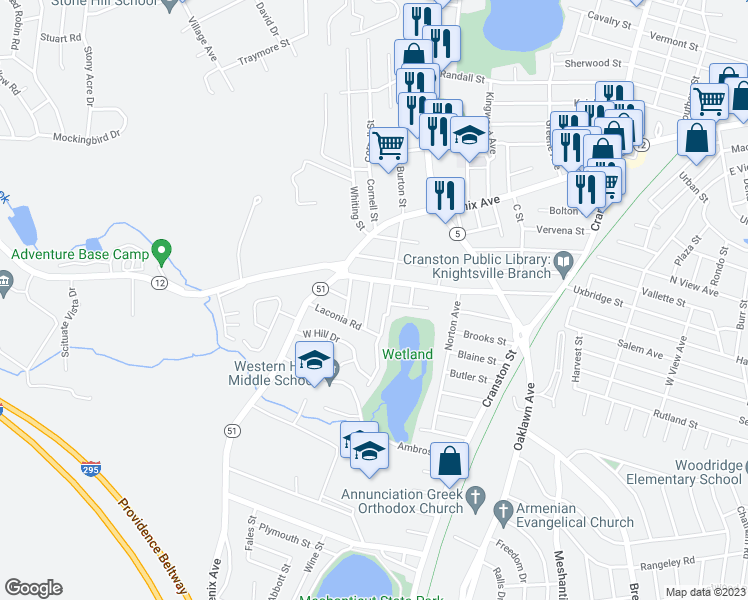 map of restaurants, bars, coffee shops, grocery stores, and more near 24 Carpathia Road in Cranston
