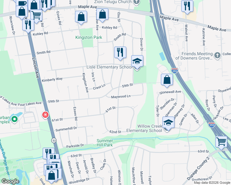 map of restaurants, bars, coffee shops, grocery stores, and more near 5904 Elm Street in Lisle
