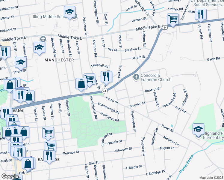 map of restaurants, bars, coffee shops, grocery stores, and more near 364 East Center Street in Manchester