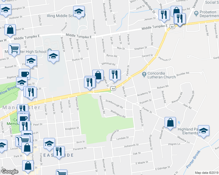 map of restaurants, bars, coffee shops, grocery stores, and more near 329 East Center Street in Manchester