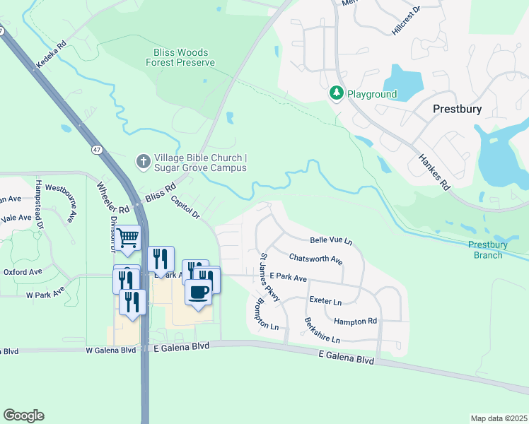 map of restaurants, bars, coffee shops, grocery stores, and more near 300 Whitfield Drive in Sugar Grove