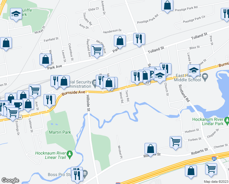 map of restaurants, bars, coffee shops, grocery stores, and more near 539 Burnside Avenue in East Hartford