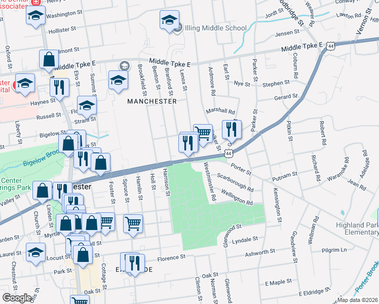 map of restaurants, bars, coffee shops, grocery stores, and more near 267 East Center Street in Manchester