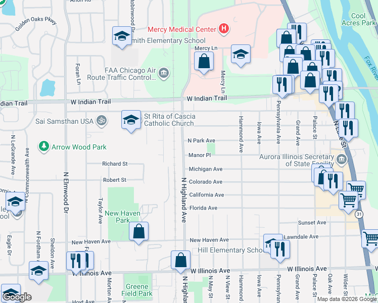 map of restaurants, bars, coffee shops, grocery stores, and more near 563 Manor Place in Aurora