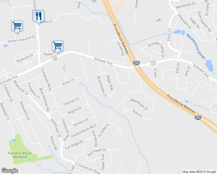 map of restaurants, bars, coffee shops, grocery stores, and more near 37 Regal Way in Cranston