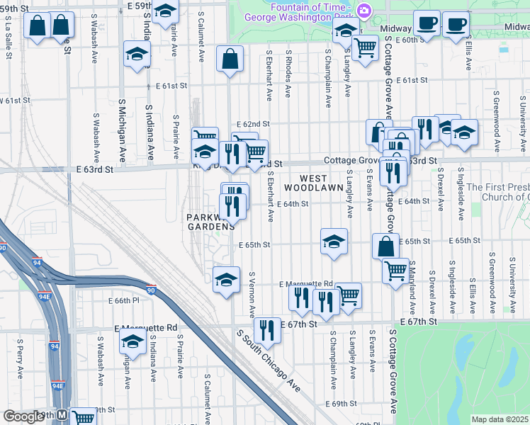 map of restaurants, bars, coffee shops, grocery stores, and more near 6408 South Eberhart Avenue in Chicago
