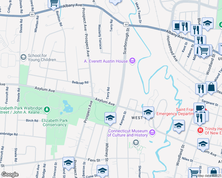 map of restaurants, bars, coffee shops, grocery stores, and more near 40 Terry Road in Hartford