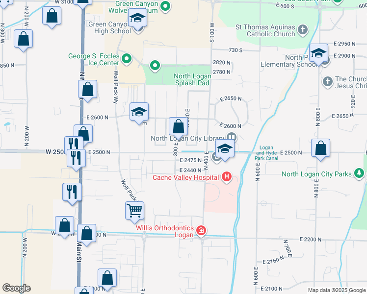 map of restaurants, bars, coffee shops, grocery stores, and more near 2519 North 330 East in North Logan