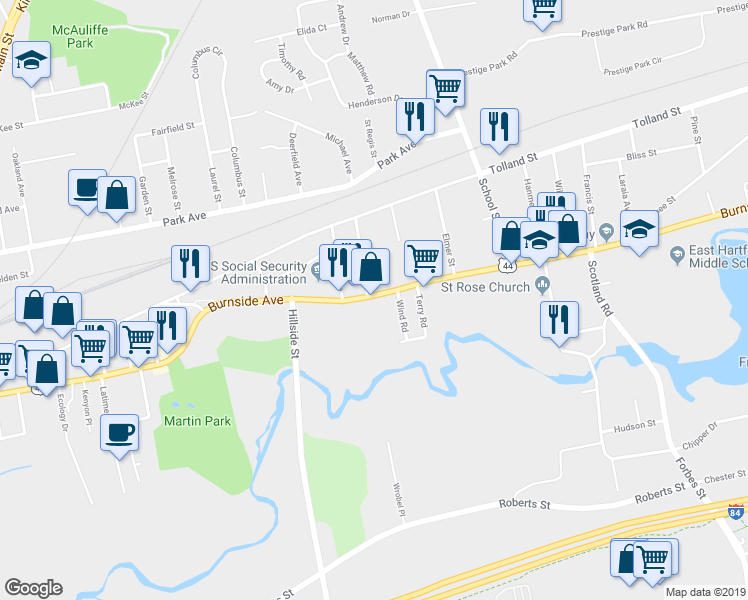 map of restaurants, bars, coffee shops, grocery stores, and more near 539 Burnside Avenue in East Hartford