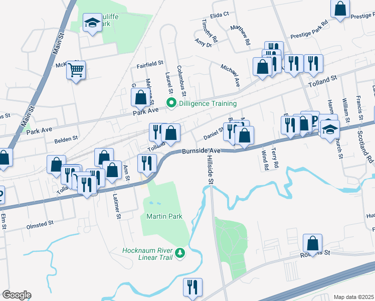 map of restaurants, bars, coffee shops, grocery stores, and more near 410 Burnside Avenue in East Hartford