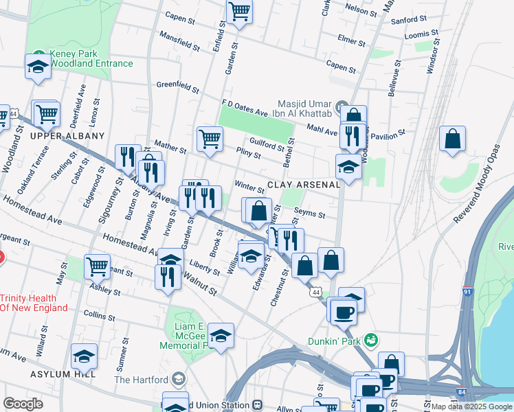 map of restaurants, bars, coffee shops, grocery stores, and more near 48 Green Street in Hartford