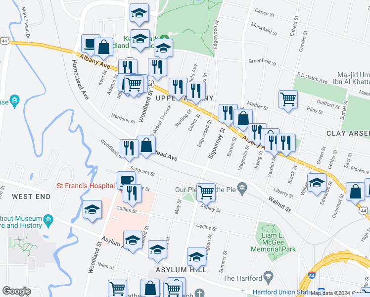 map of restaurants, bars, coffee shops, grocery stores, and more near 18-20 Cabot Street in Hartford