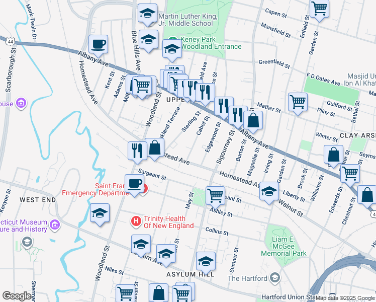 map of restaurants, bars, coffee shops, grocery stores, and more near 188 Homestead Avenue in Hartford