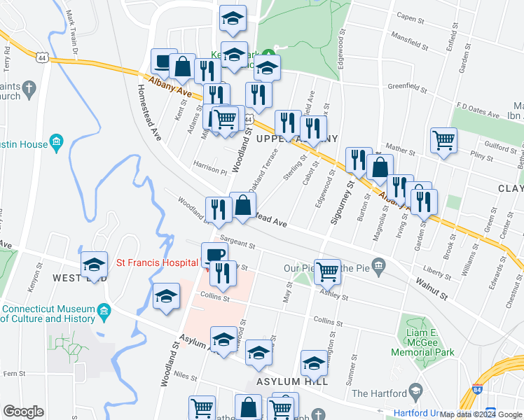 map of restaurants, bars, coffee shops, grocery stores, and more near 3 Sterling Street in Hartford