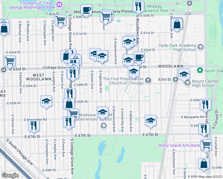 map of restaurants, bars, coffee shops, grocery stores, and more near 6421 South Ellis Avenue in Chicago
