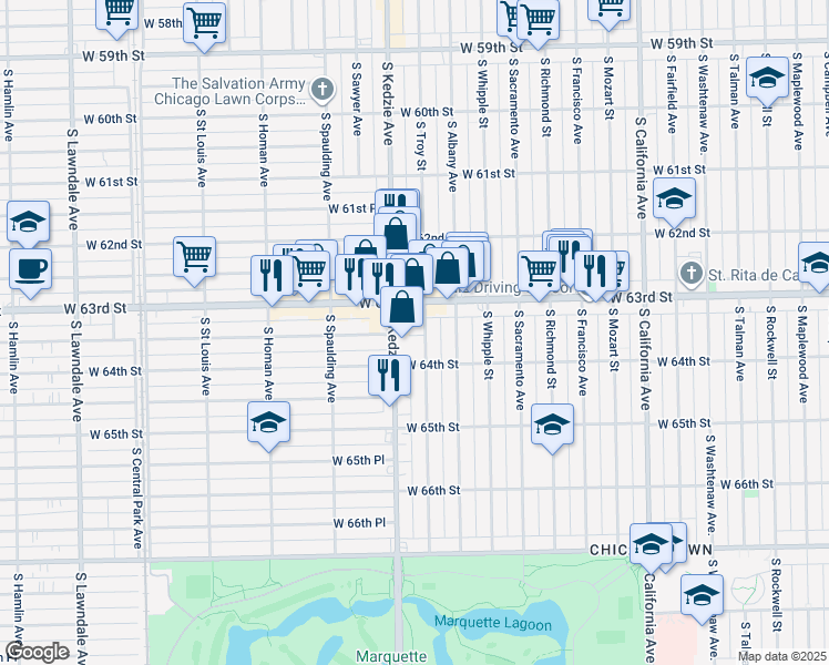 map of restaurants, bars, coffee shops, grocery stores, and more near 6328 South Troy Street in Chicago